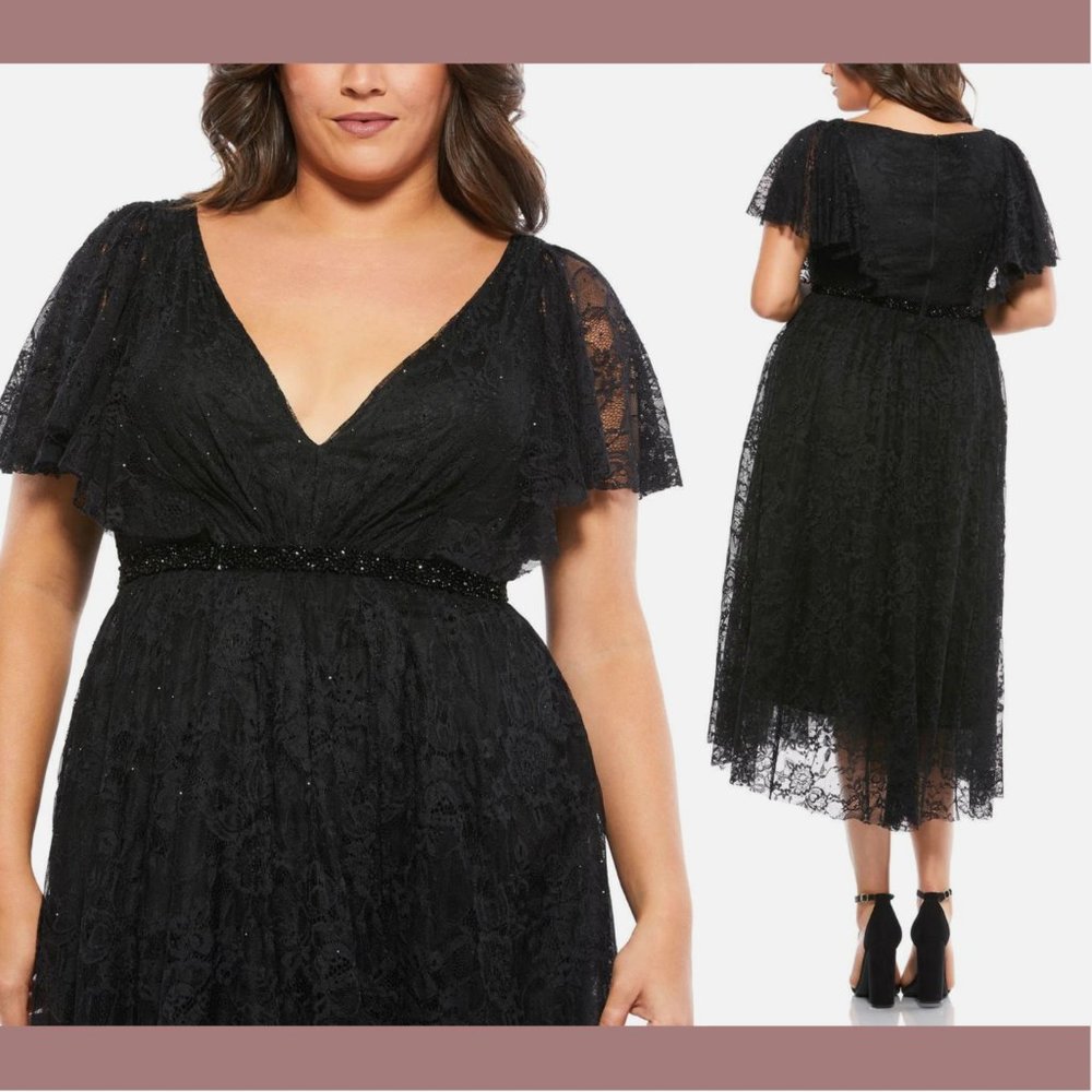 NWT Mac Duggal [ 22W ] Lace Short Sleeve V-Neck Cocktail‎ Midi Dress Black